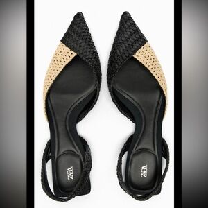 ZARA Black and Beige Woven Slingback Flats